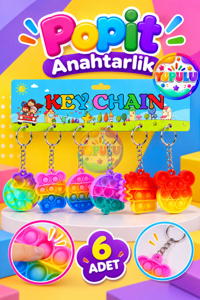 YUPULU Popit Anahtarlık Oyuncak 6 Adet Hediyelik Popit Doğum Günü Hediyesi Ka...