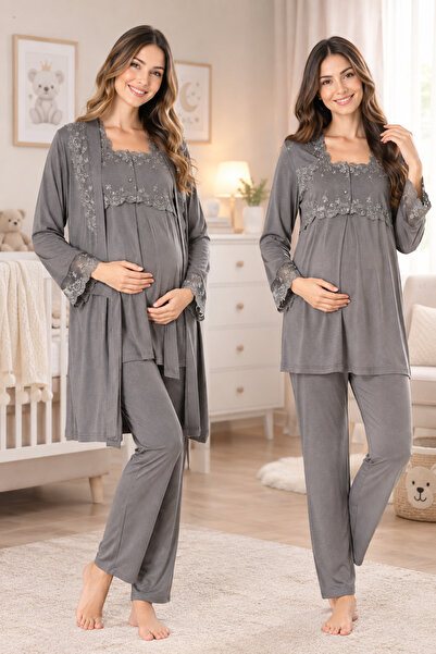 by İGP Maternity Long Sleeve Adjustable Waist Pajama Set with Maternity Robe