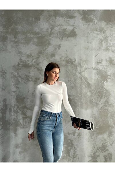 Beyaz Kadın Parmak Geçmeli Body Likralı Esnek Uzun Kollu Bisiklet Yaka Basic Badi