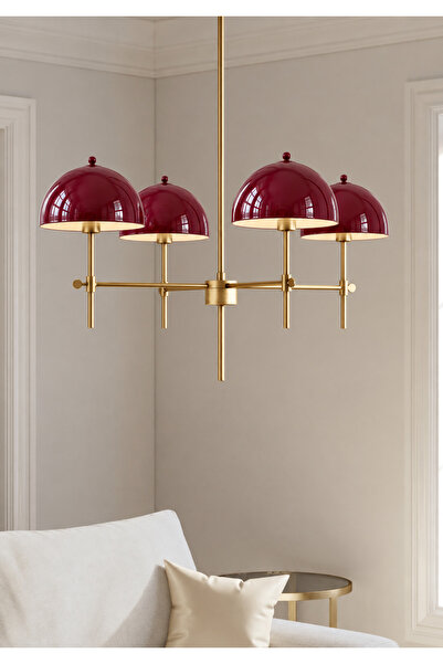 burenze Gallice Avize Dörtlü Salon Avizesi Eskitme Gold ve Bordo Vişne Abajur E-27 Duy