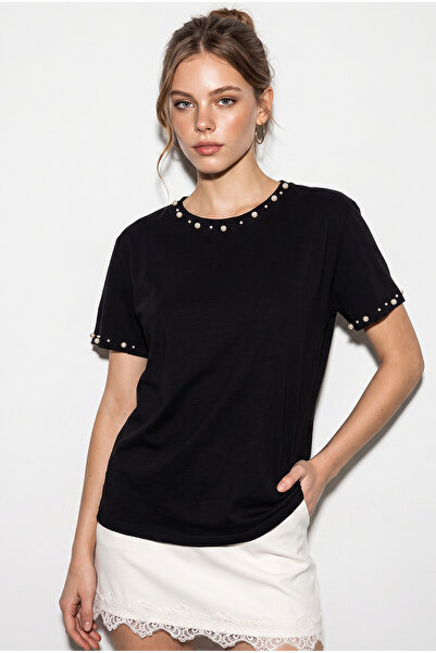 Bianco Lucci Kadın Siyah Boncuk İşlemeli %100 Pamuklu T-Shirt 60382631