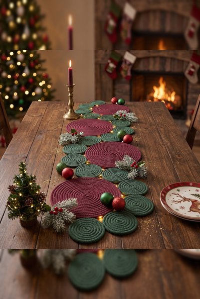Homever 120X30Cm Christmas Burgundy Green Double Color Cotton Rope Runner, Ch...