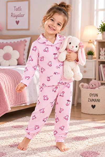 SERPİL Kız Çocuk Pijama Takımı Kiraz Desenli Uzun Kollu Gömlek Yaka 2'li Pija...