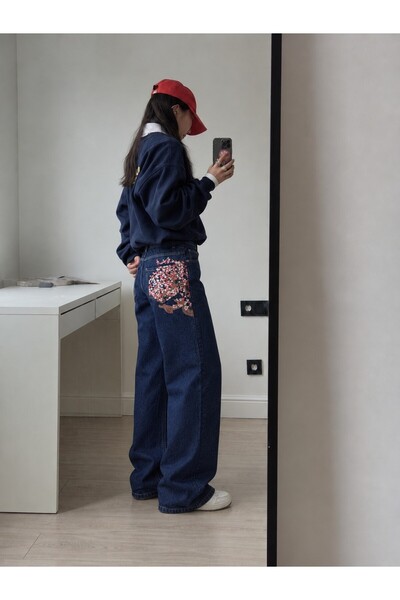 harmony factory Kadın Sakura Nakışlı Yüksek Bel Wide Leg Kot Pantolon Lacivert
