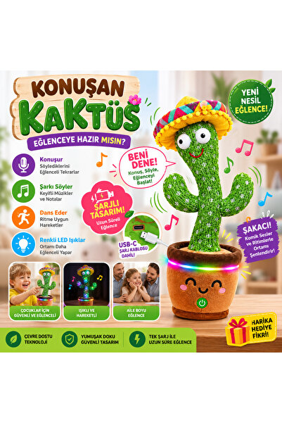HEDİYEVİM Müzikli Konuşan Dans eden kaktüs oyuncak sesli Şarjlı