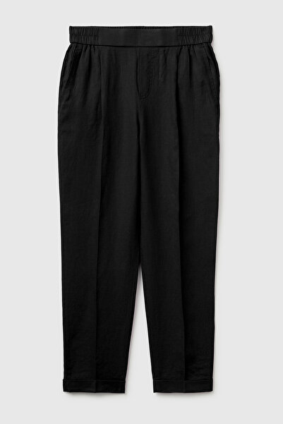 United Colors of Benetton Women's Black 100% Linen Elastic Waist Trousers