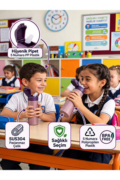 Penguen 750 ml Çelik Su Matarası Sporcu Matarası Çocuk Pipetli Çelik Suluk Sızdırmaz SUS304 BPA Free