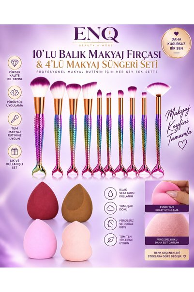 ENQ 10’lu Balık Makyaj Fırçası & 4’lü Makyaj Süngeri Seti – Profesyonel Makya...