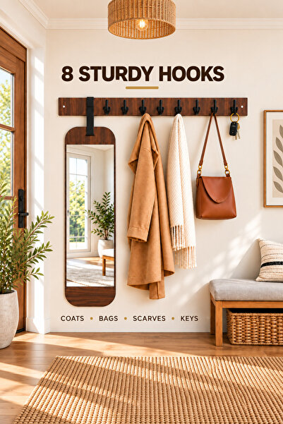 Generic Brand Wall Mounted Coat Rack with Mirror, 8 Sturdy Hooks Wooden Entry...