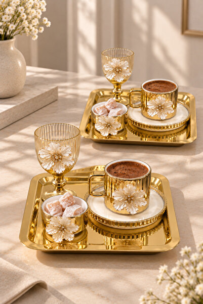 YzHome 2 Kişilik Porselen Gold Lotus Kahve Fincan Takımı Seti Kahve Yanı Bard...