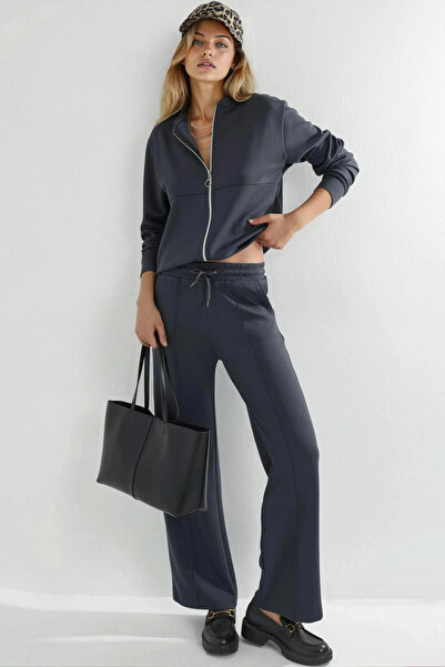 fiolin Modal Textured Zippered Sweatshirt & Ribbed Pants Set