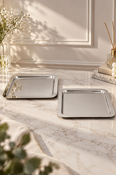YzHome 6 Lı Paslanmaz Metal Kahve Sunum Servis Tepsisi Tepsi 22cm
