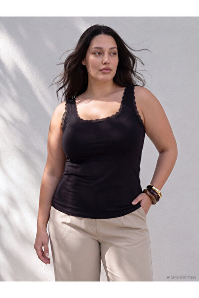 LC Waikiki Peak New Season Black Plus Size Women's Athlete with Lace Detail