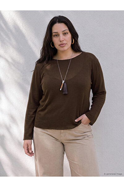 LC Waikiki Vizyon New Season Brown Plus Size Boat Neck Blouse