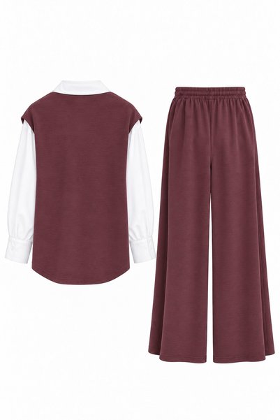 elifteke Tie-Down Blouse Detailed Shirt Suit in Burgundy