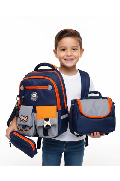 KY A+ Premium Kalite Laci-Turuncu Erkek İlkokul Ortopedik 3'lü Set Kalemlik F...