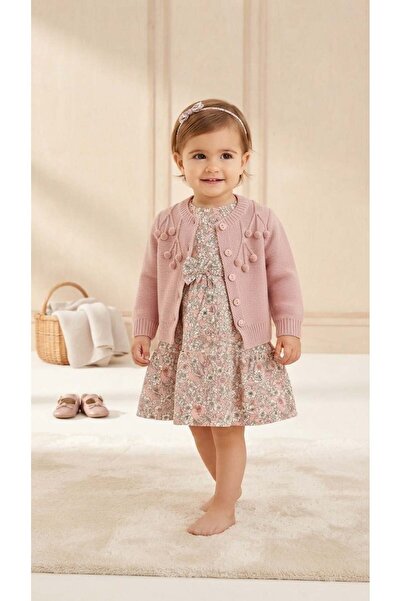 Baby Rose فستان كتان للفتيات الصغيرات مع سترة بوم بوم BBR-5184