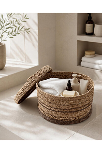 Kapaklı Hasır Sepet Organizer Banyo Ve Dolap İçi Düzenleyici Kutu Dekoratif Çok Amaçlı Düzenleyici Organizer 32 CM