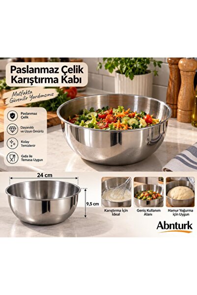 abnturk 24x9,5cm Paslanmaz Çelik Mutfak Karıştırma Kasesi-Hamur Salata Çırpma...