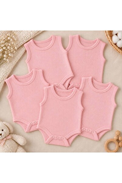 %100 Organik Pamuk 5'li PEMBE KOLSUZ Bebek Body RİBANA