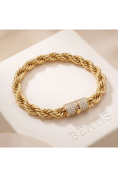Beatis Gold Twisted Bracelet with Stones and Lock Design, Thick and Stylish Women's Bracelet Aly-401