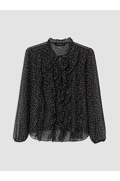 LC Waikiki Black Tie-Neck Polka Dot Ruffle Blouse