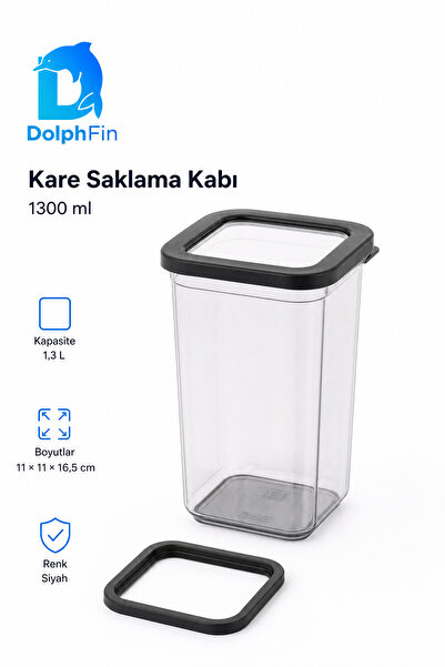 DolphFin Square Storage Container 1300 ml Black 11 × 11 × 16.5 cm