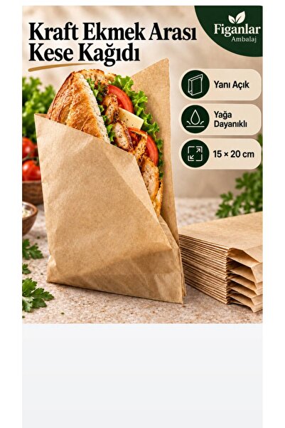 figanlar ambalaj 50 ADET Kraft Şamua Hamburger Kese Kağıdı 15x20 cm Yanı Açık...