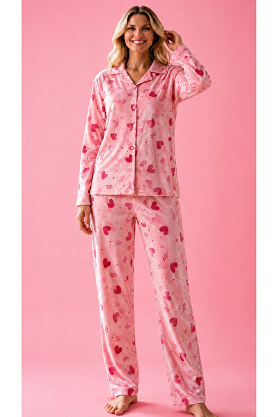 MORKUTU Kadın Desenli Düğmeli Süet Pijama Takımı