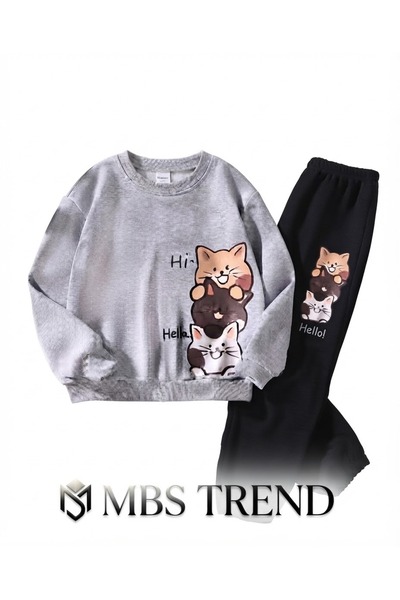 Kids Winter Boys Cute Cat Printed Grey/Black Kids Tracksuit Set