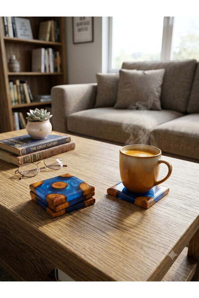 10x10 cm - Premium Epoksi Bardak Altlığı - El Yapımı Ahşap ve Mavi Epoksi Reçine Bardak Altlığı Seti 4'lü - Doğal Ahşap Stant& Mavi Epoksi Tasarım Kare Bardak Altlığı