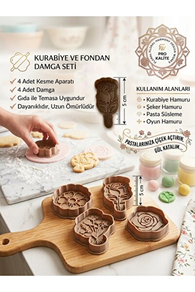SELTA3D Çiçek ve Gül Temalı Kurabiye & Fondan Damga Seti 8 Parça – 4 Kesme Ap...