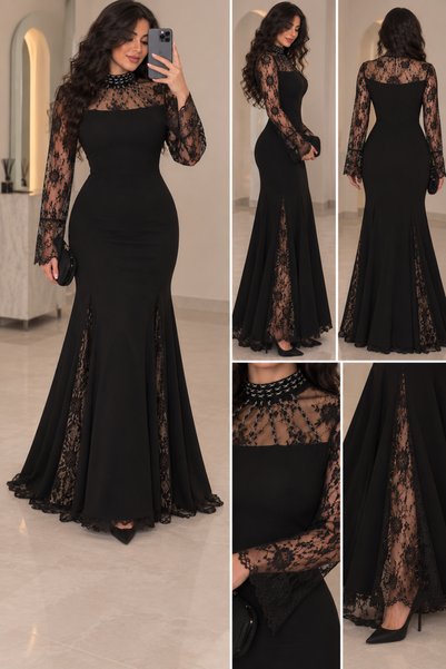 AREEJ FASHION فستان اسود بتصميم راق وتفاصيل دانتيل فاخرة