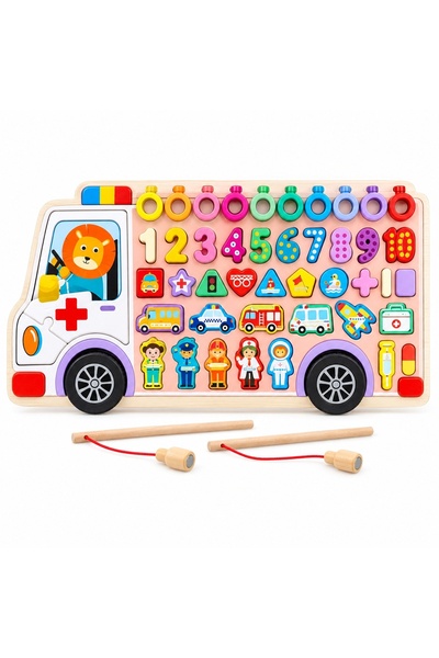 velve Joc educativ din lemn 6 in 1, puzzle ambulanta cu cifre, forme si pescu...