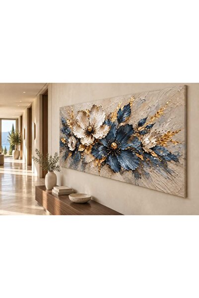EMİLART Gold Lacivert Altın Detaylı Salon Ofis Modern Kanvas Tablo