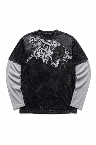 Köstebek Yıkamalı Kumaş Skull Flower Beyaz Unisex Sweatshirt