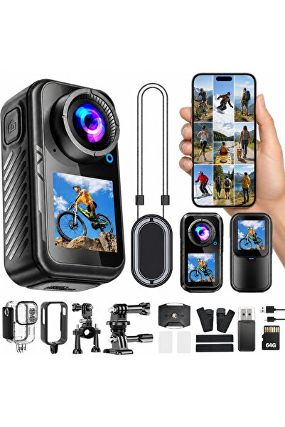 OEM TOSBARFT 5K 64MP Mini Aksiyon Kamerası, Manyetik Tutuculu, Bisiklet ve Gü...