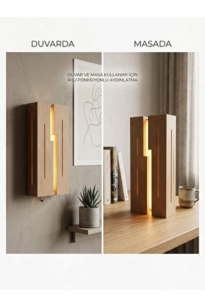 HURESHOME Ahşap Çizgili Gece Lambası & Duvar Apliği (40cmx20cm)- İkili Kullan...