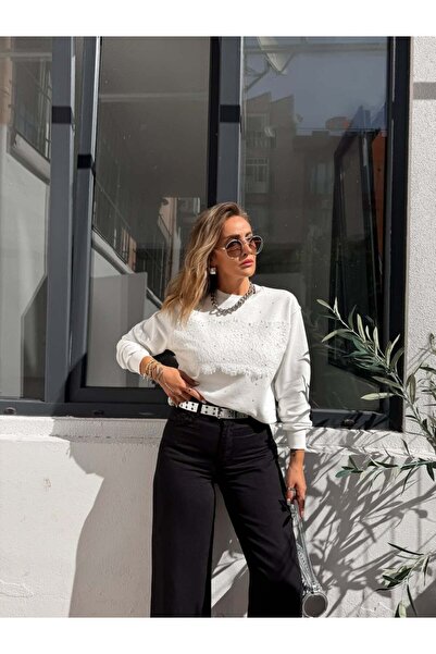 Zerrincan Giyim Beyaz Dantelli Taşlı Sweatshirt
