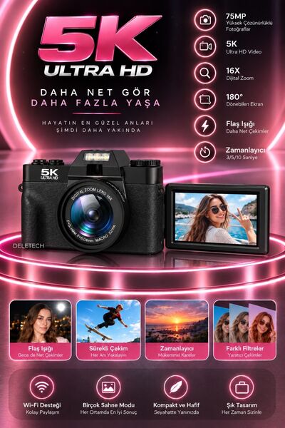 Deletech 5K 75MP Dijital Fotoğraf Makinesi 180° Selfie Ekranlı Dijital Kamera...