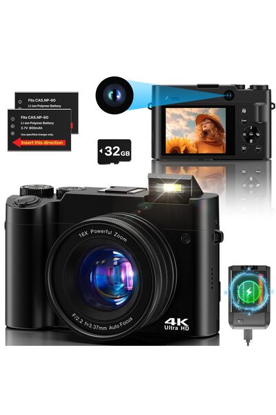 Dijital kamera 4K, 64 MP fotoğraf kamerası, 32 GB hafıza kartı, 16X dijital yakınlaştırma, 2 pil