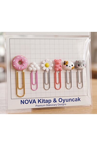 6'lı Sevimli Figürlü Plastik Ataş ve Kitap Ayracı Seti - Donut, Bulut, Çiçek, Ayıcık ve Kedi Temalı Kırtasiye Klipsi