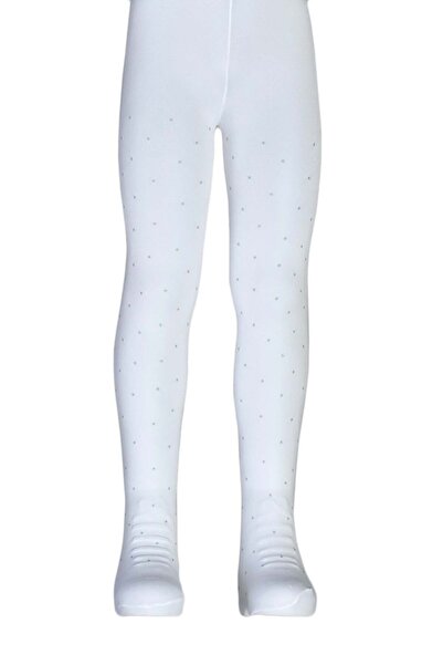Dore Çorap Girl's Polka Dot Patterned Glitter Print Micro 50 Pantyhose - White