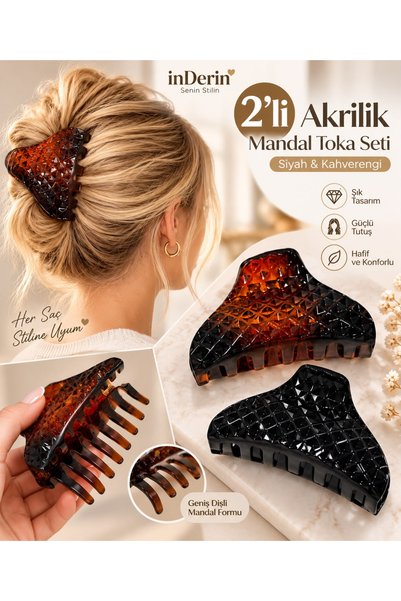 İnDerin Akrilik Mandal Saç Tokası 2’li Set – Siyah ve Kahverengi Büyük Boy Desenli Toka