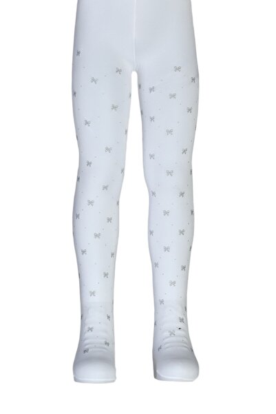 Dore Çorap Girl's Bow Patterned Glitter Print Micro 50 Pantyhose - White
