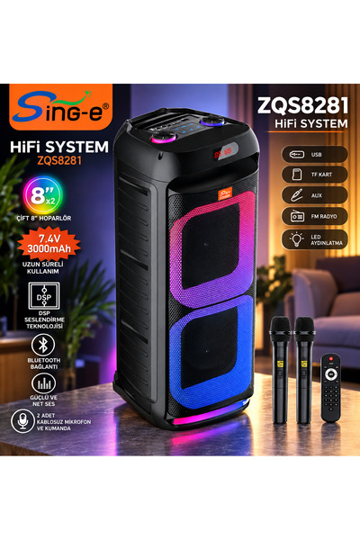 SING Kablosuz Mikrofonlu Bluetooth Hoparlör Karaoke RGB Işıklı Taşınabilir Parti Hoparlörü 3000mAh 7.4V 8''
