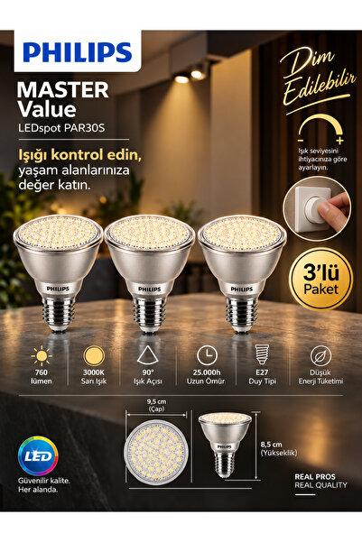 Philips (3 Adet) 9.5W 3000K Sarı Işık E27 Duylu 760 Lümen Dim Edilebilir Par3...