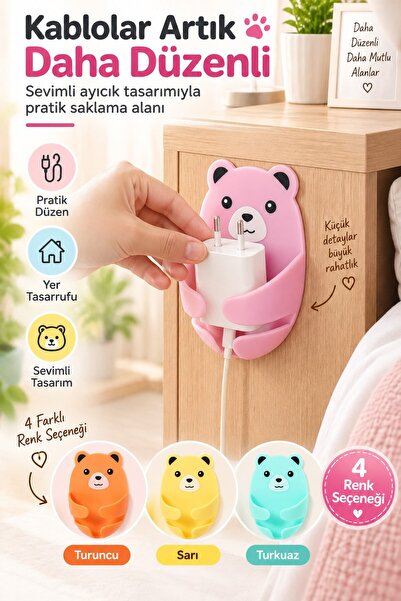 FLY LIFE Ayıcık Tasarımlı Duvar Tipi Şarj Aleti Kablo Düzenleyici Organizer 4...