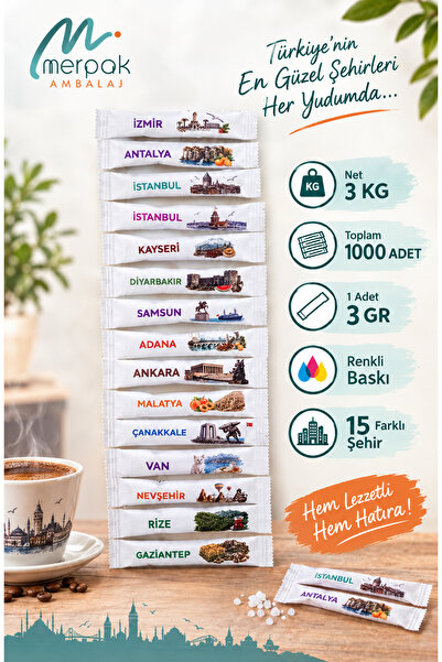Merpak Ambalaj Stick Şeker Şehirler Baskılı 3 gr x 1000 Adet Renkli Baskılı Çubuk Şeker Net 3 Kg