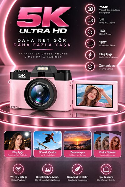 Deletech 5K 75MP Dijital Fotoğraf Makinesi 180° Selfie Ekranlı Dijital Kamera...